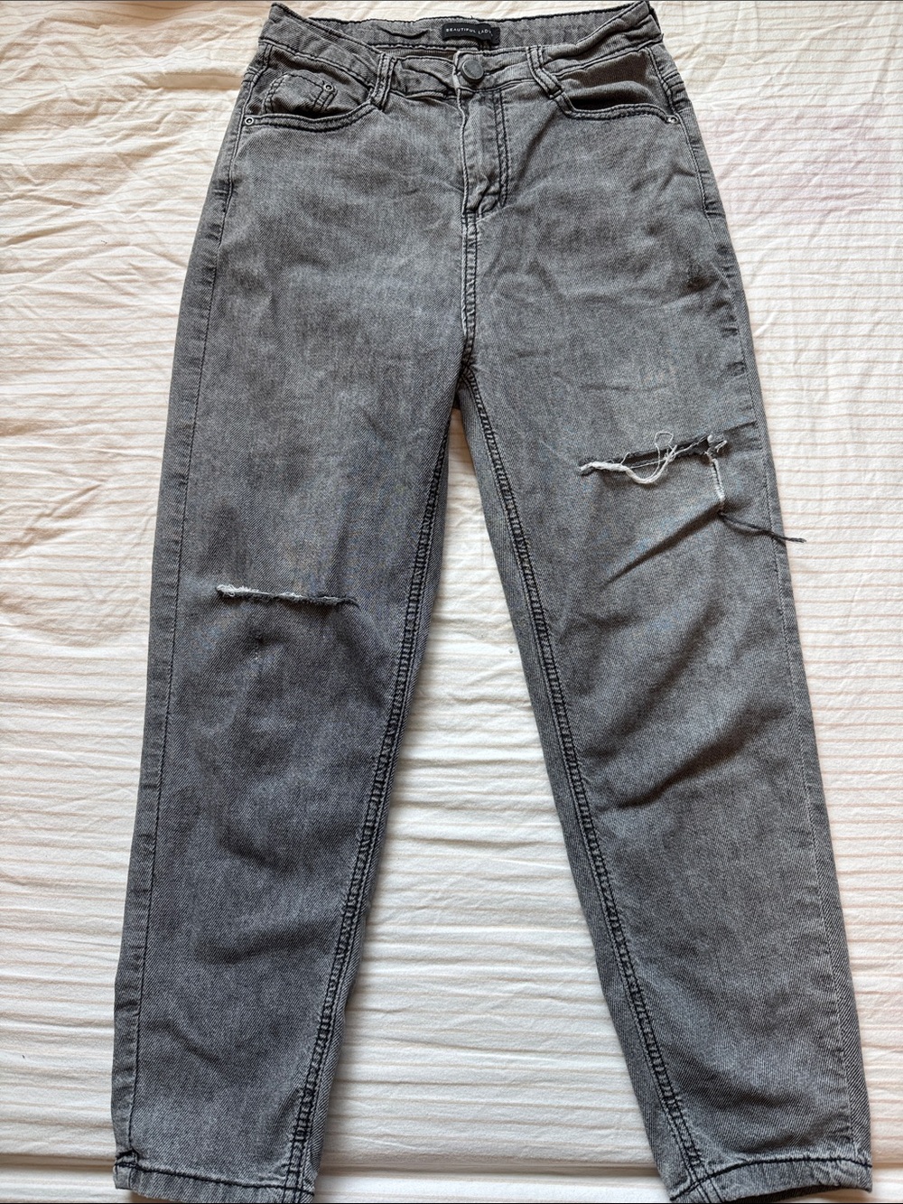 Gray Distressed High-Waist Jeans